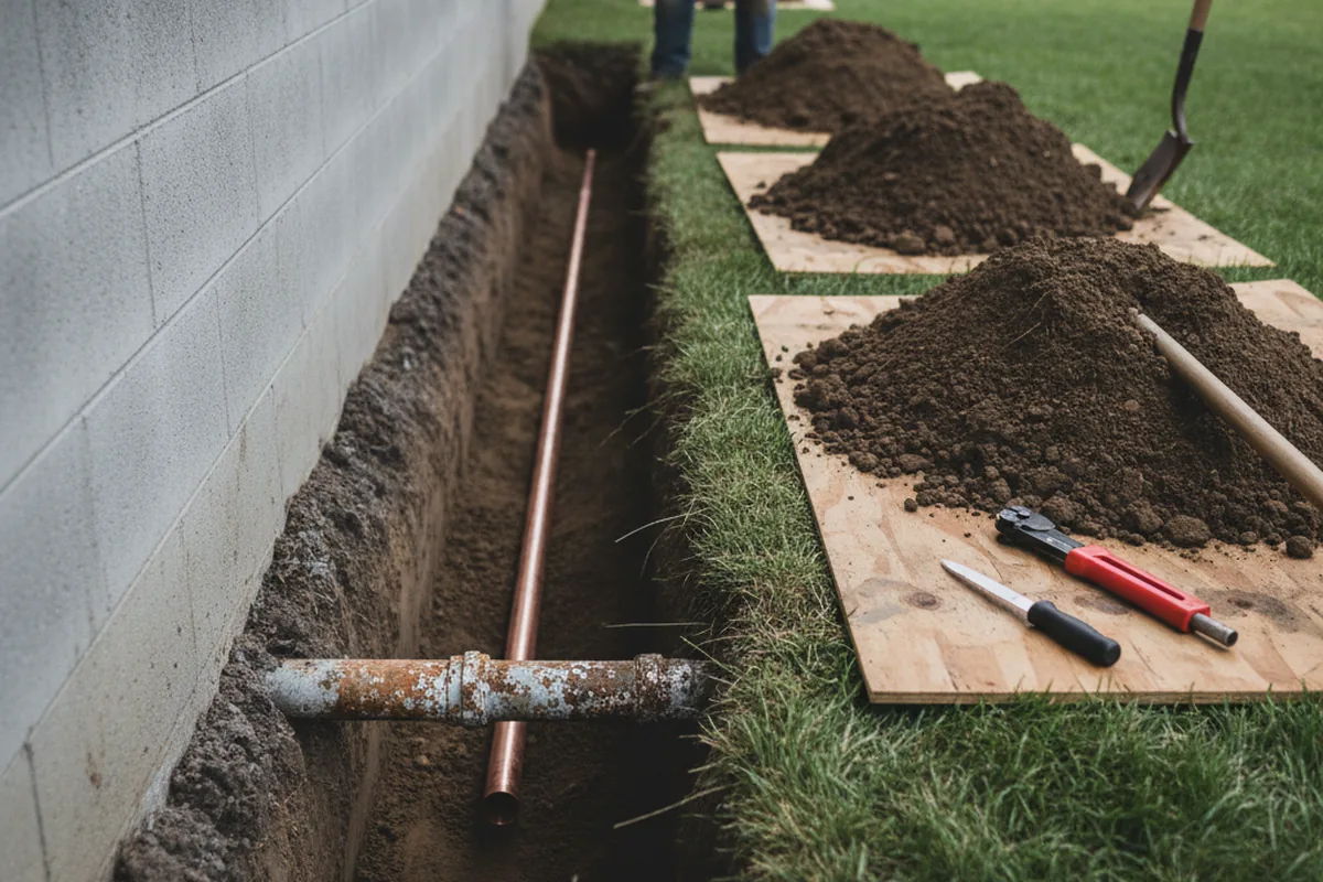 Excavated water line trench during Sewer Line Repair in Fall River